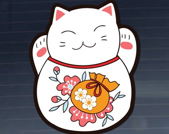 Maneki Neko Beckoning Cat Full Color - Vinyl Decal for Car, Macbook, or Other Laptop (Many sizes available)