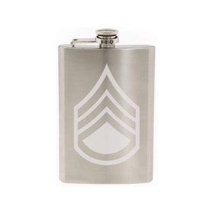 May include: A silver stainless steel flask with a white Sergeant's insignia.