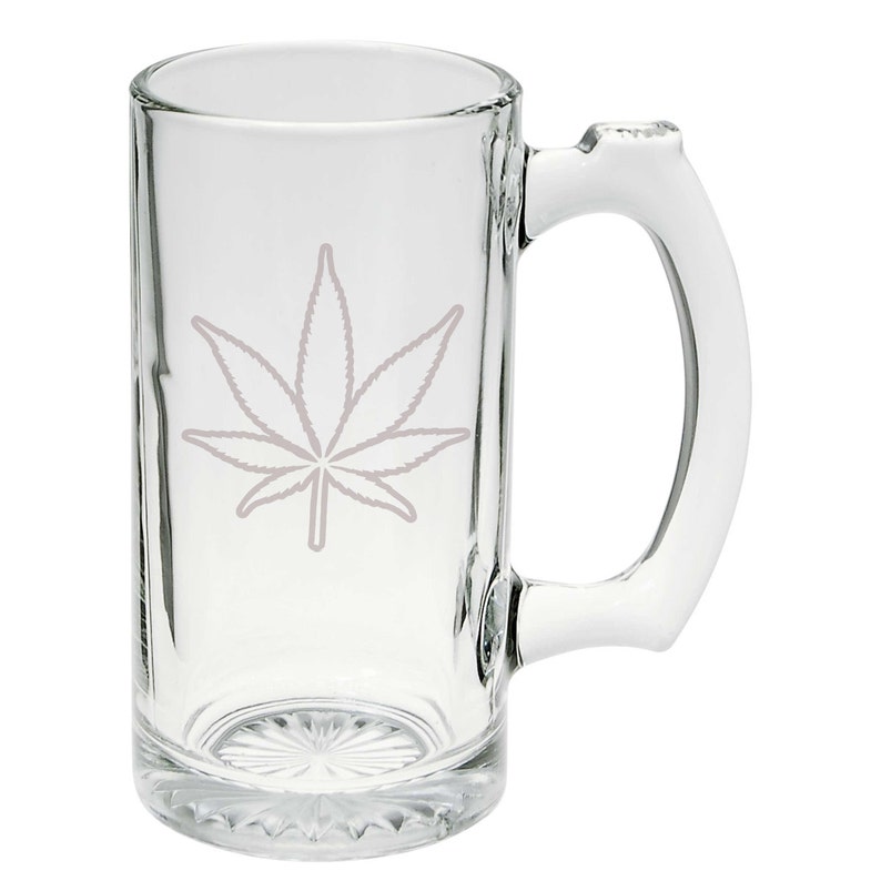 Marijuana Leaf Stoner Hippie Hand Etched Mug 25 Ounce Etched Stein Glass Mug image 1