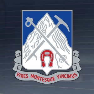 May include: A blue and white shield with a mountain, crossed ice axes, and a red horseshoe. The shield is surrounded by a white ribbon with the text "Vires Montesque Vincimus".