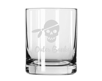 Pirate Skull Outer Banks Shore Point Beach Etched Rocks Glass