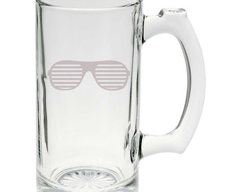 Cool Sun Shades Hand Etched Mug 16 ounce Beer Stein Glass Cup