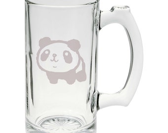 Cute Little Happy Panda Bear Hand Etched Mug 16 ounce Beer Stein Glass Cup