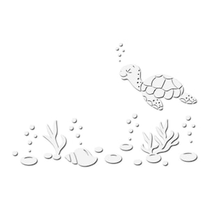 May include: A white line drawing of a turtle swimming in the ocean. The turtle is facing right and has a happy expression. There are bubbles coming from its mouth. Below the turtle, there are white line drawings of seaweed, shells, and rocks.