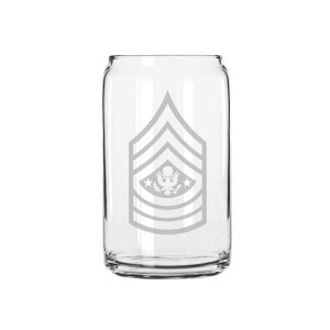 May include: A clear glass can with a frosted design of the US Army E-7 Sergeant First Class rank insignia. The insignia features a stylized eagle with stars and stripes.