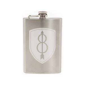 May include: A silver stainless steel flask with a white shield design featuring an arrow and a circle with a line through it.