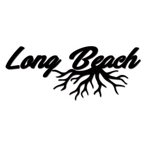 May include: Black metal sign with the words "Long Beach" in a cursive font, with a stylized root design beneath the word "Beach". The sign is set against a white background.