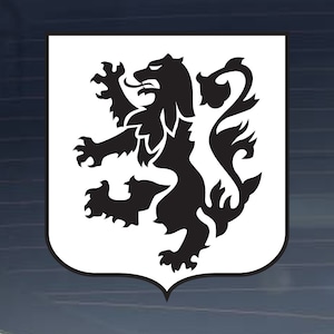 May include: Black and white heraldic shield with a stylized lion rampant.