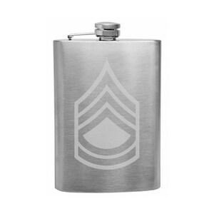 May include: A silver stainless steel flask with an engraved military rank insignia. The insignia is a chevron with three stripes and a single point at the top.