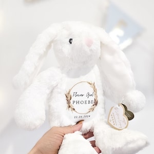 Conejo conejito de niña de flores personalizado - Regalo personalizado de page boy - Regalo de niña de flores - Peluche de dama de honor - Peluche de niña de flores - Boda