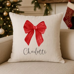 Personalised Bow Christmas Cushion – Custom Family Name Festive Pillow | Holiday Home Décor & Gift