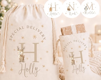 May include: A cream-coloured fabric drawstring gift bag and a matching Christmas stocking, both featuring the text Special Delivery, a large letter H, a small deer illustration, and the name Holly printed in brown with gold star accents.