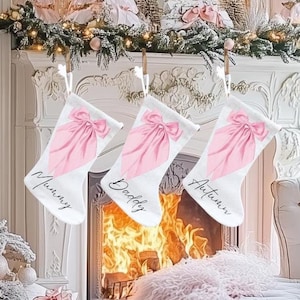 Personalised Bow Christmas Stockings, Pink Christmas stocking, Pink Christmas decorations, Bow Christmas Stocking, Family Christmas Gifts