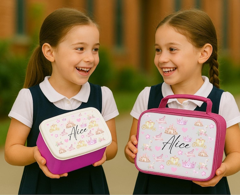 May include: Two girls holding personalized lunchboxes. One is a rectangular purple container with a white lid, the other is a pink handled bag. Both have a princess theme with crowns, carriages, and the name "Alice".