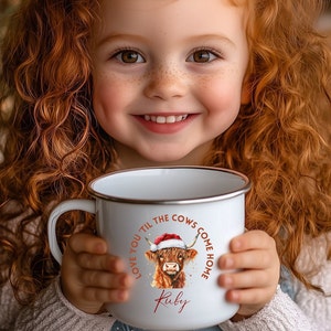 Personalised Highland Cow Enamel Mug, Kids Mugs, Christmas Gifts, Gifts For Kids, Hot Chocolate Mugs, Gift For Him, Gift For Her, Kids Gifts