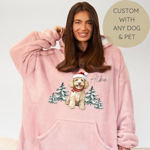 Personlig julhuvtröja med hundmotiv, anpassad hundfilt med huvtröja, matchande julpyjamas, julhuvtröja med hundfoto, filt med huvtröja