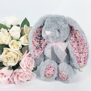 Flower Girl Gift, Personalised Flower Girl Gift, Teddy Bear, Flower Girl Proposal, Will You Be My Bridesmaid, Personalised Bunny, Soft Toy Grey 10'' Floral B