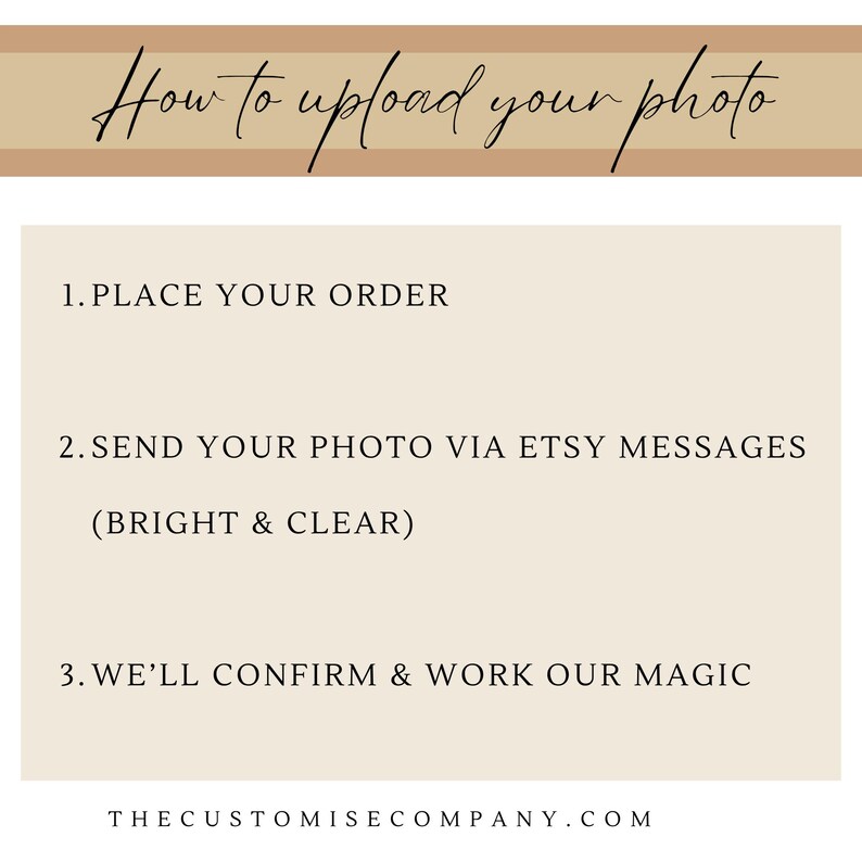 May include: A beige and white graphic with instructions on how to upload a photo. The text reads: "How to upload your photo." Steps include placing an order, sending a photo via Etsy messages, and confirmation. The website address is also included.
