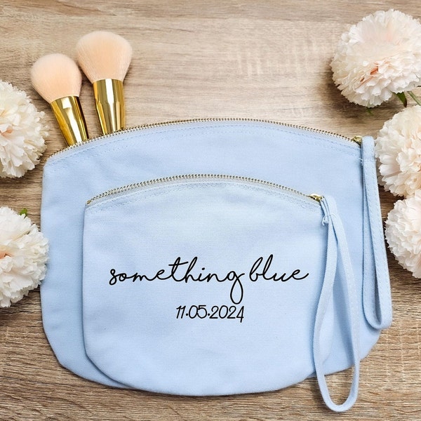 Qualcosa di blu personalizzato, regalo per lei, regalo di nozze, regalo per la sposa, borsa per il trucco, sposa per essere, regali per la sposa, borsa per il trucco personalizzata