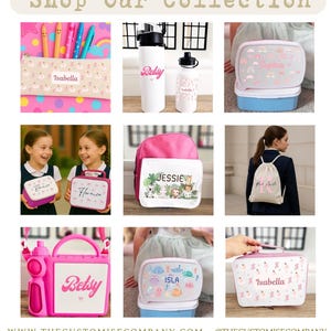 May include: A collection of personalized school supplies, including pencil cases, water bottles, lunch boxes, and backpacks. The items are in pink, white, and blue, with names and decorative designs. The text "Shop Our Collection" is at the top.