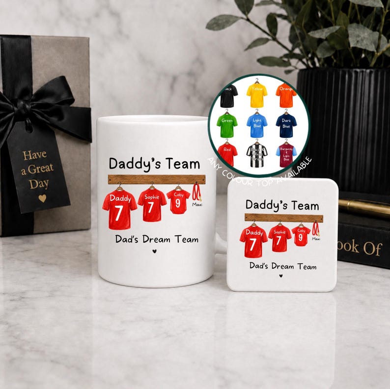 May include: A white ceramic mug and a matching square coaster, both featuring the text Daddy's Team and Dad's Dream Team above an illustration of three red jerseys hanging on a rack with the names Daddy, Sophie, and Colby and numbers 7, 7, and 9.