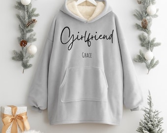 Valentines Gift for Girlfriend Personalised Oversized Hoodie Blanket Throw, Matching Valentines Plush Sherpa Lined Winter Hoodie