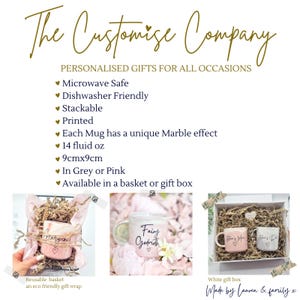 May include: Two personalized mugs with marble effect in pink and grey colors. The mugs are packaged in a white gift box and a reusable basket with eco-friendly wrapping. The mugs are 9 cm x 9 cm and hold 14 fluid ounces.  The text on the mugs reads "Fairy Godmother" and "Mum's the Word".