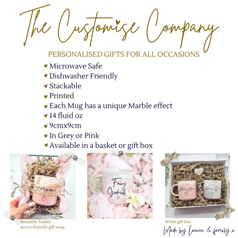 May include: Two personalized mugs with marble effect in pink and grey colors. The mugs are packaged in a white gift box and a reusable basket with eco-friendly wrapping. The mugs are 9 cm x 9 cm and hold 14 fluid ounces.  The text on the mugs reads "Fairy Godmother" and "Mum's the Word".