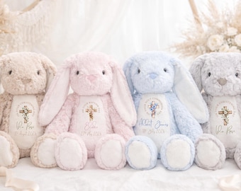 Personalized Christening Bunny Gift - Custom Plush Rabbit - Baby Baptism Keepsake - Holy Communion Soft Toy - Custom Name & Date Gift
