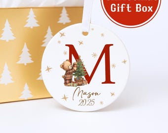 Gepersonaliseerde kerstbal, beer kerstornament Aangepast keramisch cadeau Kerstboomdecoratie Kerstcadeau aandenken hangend