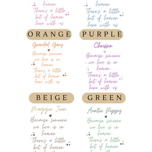 May include: A chart with color options for a personalized poem. The colors are pink, blue, orange, purple, beige, green, and other. The text reads "Because someone we love is in heaven. There's a little bit of heaven here with us."  The text also includes the names Chrissie, Peter, Grandad Gary, Maggie Jean, and Auntie Poppy.