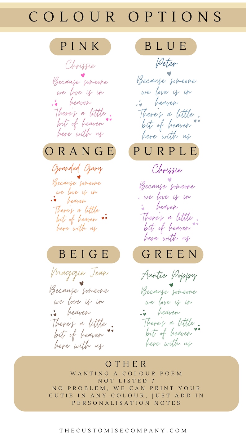 May include: A chart with color options for a personalized poem. The colors are pink, blue, orange, purple, beige, green, and other. The text reads "Because someone we love is in heaven. There's a little bit of heaven here with us."  The text also includes the names Chrissie, Peter, Grandad Gary, Maggie Jean, and Auntie Poppy.