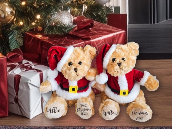 Christmas Teddy Bear, Baby's First Christmas Gift, Personalised Christmas Teddy Bear Plushie, New Born Kids Name Gift Present, New baby Gift