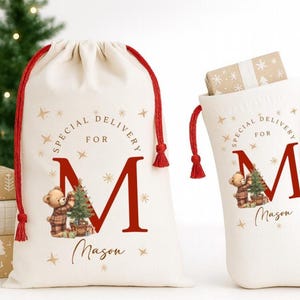 Può includere: Un sacco e una calza natalizia color crema con dettagli rossi. Il sacco e la calza presentano la scritta "Special Delivery For M Mason" con un orsetto, un albero di Natale e grafiche a stella. Il sacco ha una chiusura con coulisse.