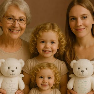 May include: Three generations of women, a grandmother, a mother, and a daughter, are holding white teddy bears with wings. The teddy bears have embroidered messages on their chests. The women are smiling and looking at the camera.
