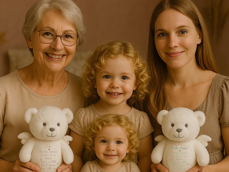 May include: Three generations of women, a grandmother, a mother, and a daughter, are holding white teddy bears with wings. The teddy bears have embroidered messages on their chests. The women are smiling and looking at the camera.