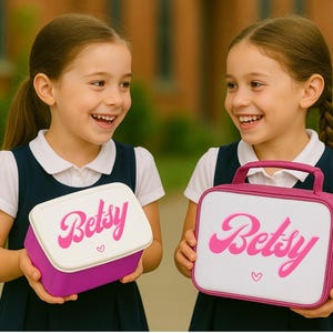 May include: Two girls holding matching lunchboxes. One lunchbox is rectangular with a white lid and the name "Betsy" in pink script. The other is a pink lunch bag with a white front and the name "Betsy" in pink script.