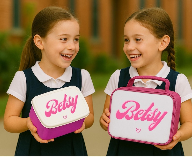 May include: Two girls holding matching lunchboxes. One lunchbox is rectangular with a white lid and the name "Betsy" in pink script. The other is a pink lunch bag with a white front and the name "Betsy" in pink script.