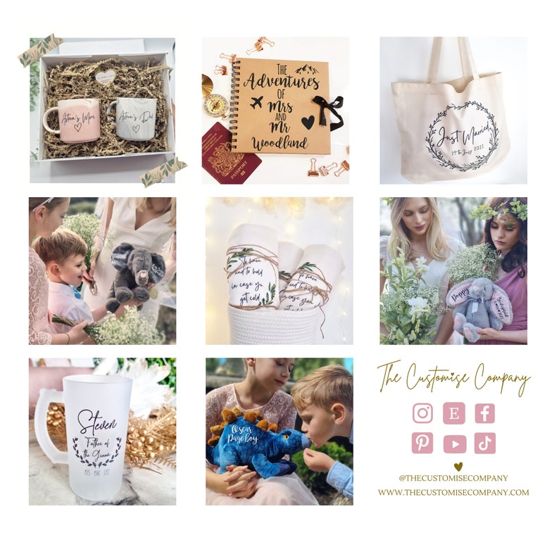 Op de afbeelding: Een collage van gepersonaliseerde geschenken, waaronder twee mokken in een geschenkdoos, een plakboek getiteld The Adventures of Mrs and Mr Woodland, een Just Married draagtas, knuffels, dekens, een matglazen mok voor Steven en sociale media iconen.