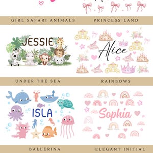 May include: A design options graphic with various personalized name and theme options. Designs include names like "Betsy", "Jessie", "Isla", and "Sophia", along with themes such as safari animals, rainbows, and ballerinas.