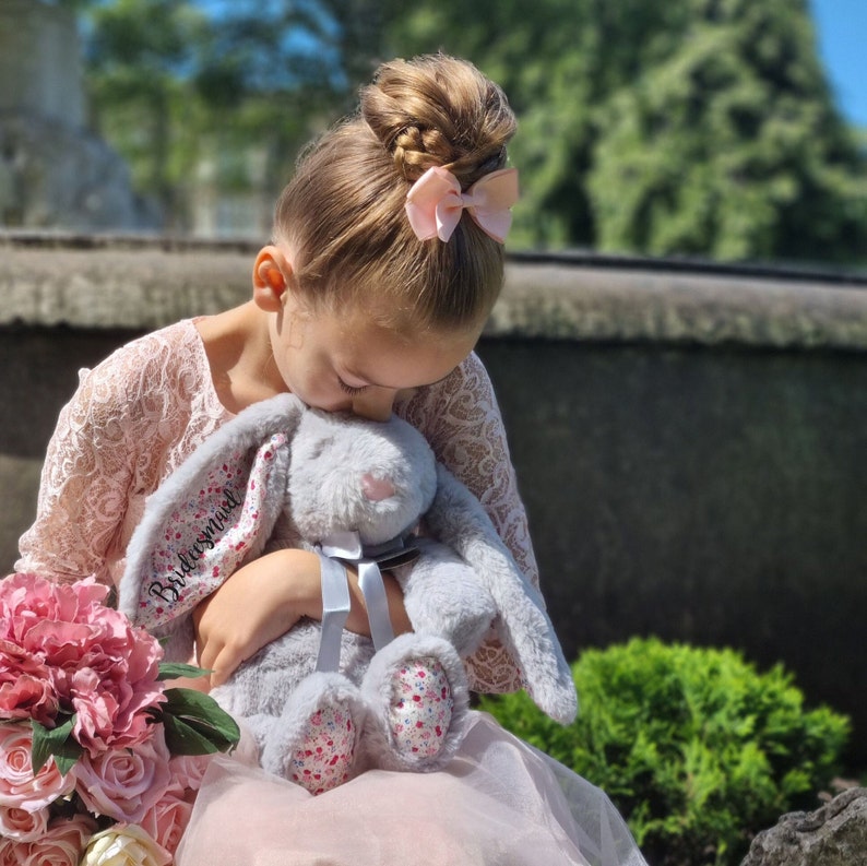 Flower Girl Gift, Personalised Flower Girl Gift, Teddy Bear, Flower Girl Proposal, Will You Be My Bridesmaid, Personalised Bunny, Soft Toy Grey 14'' Floral A
