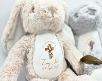 Cadeau personnalisé lapin de baptême - lapin en peluche personnalisé - souvenir de baptême de bébé - peluche sainte communion - nom personnalisé & cadeau date