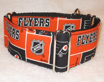 Philadelphia Flyers Martingale Dog Collar, or Side Release Dog Collar, 1", 1.5" & 2" inch Wide Dog Collar, Orange/Black