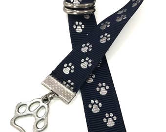 Ribbon Bookmark with Charm - Navy / Silver Paws Bookmark with Charm