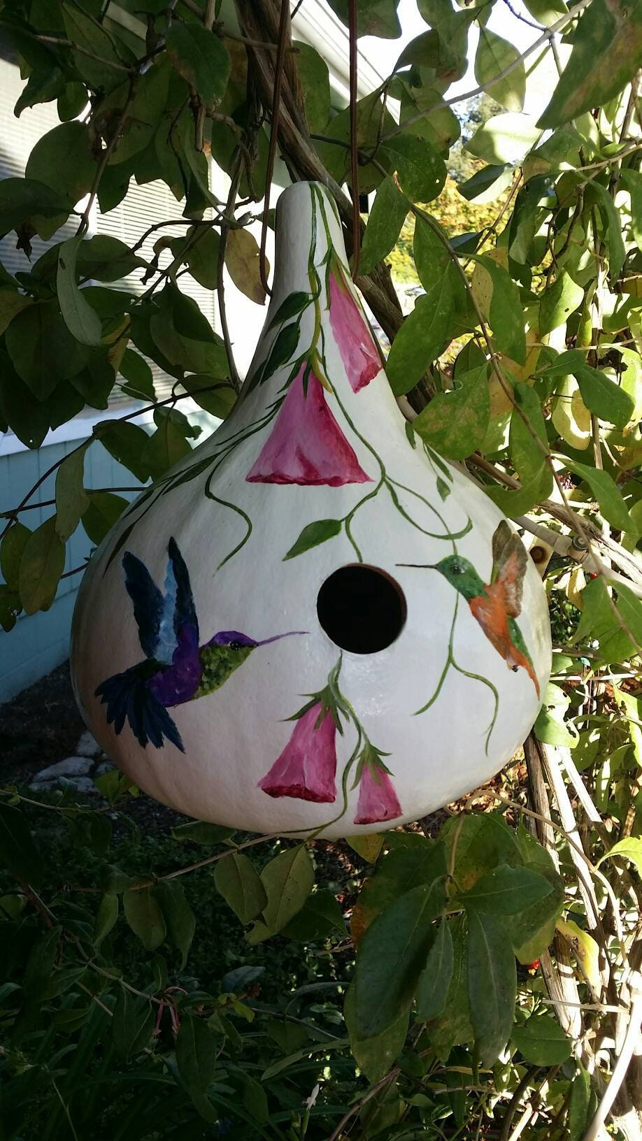 RESERVED FOR NICOLE...Gourd birdhouse with handpainted hummingbirds on