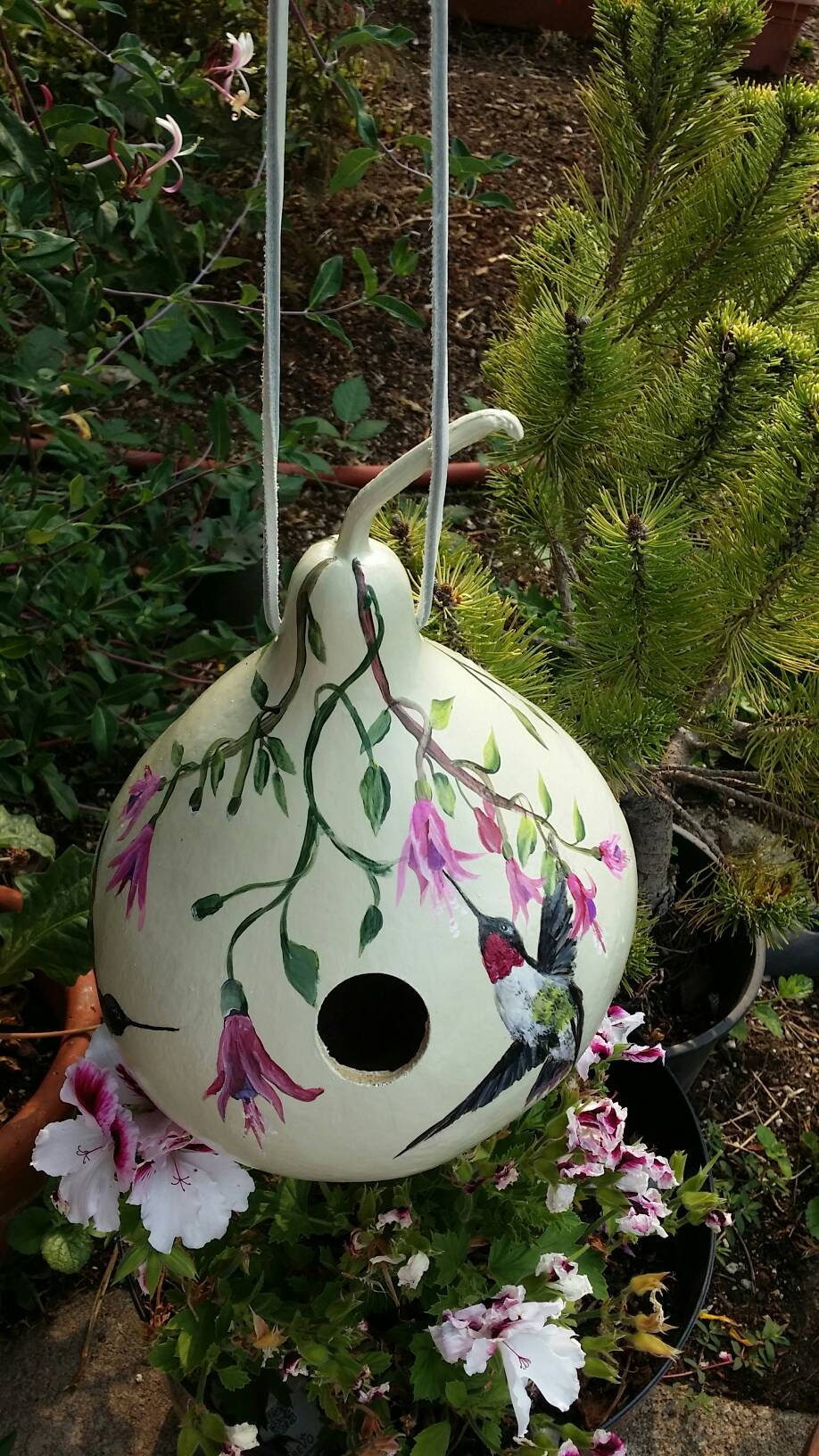 Gourd birdhouse with 2 handpainted hummingbirds decorated with lovely