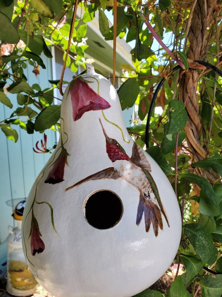 Gourd birdhouse with handpainted hummingbird amidst beautiful pink flowers.