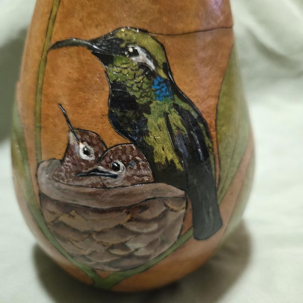 Hand-Painted Gourd Bowl: Hummingbird with Babies, Sunflower Collector Keepsake