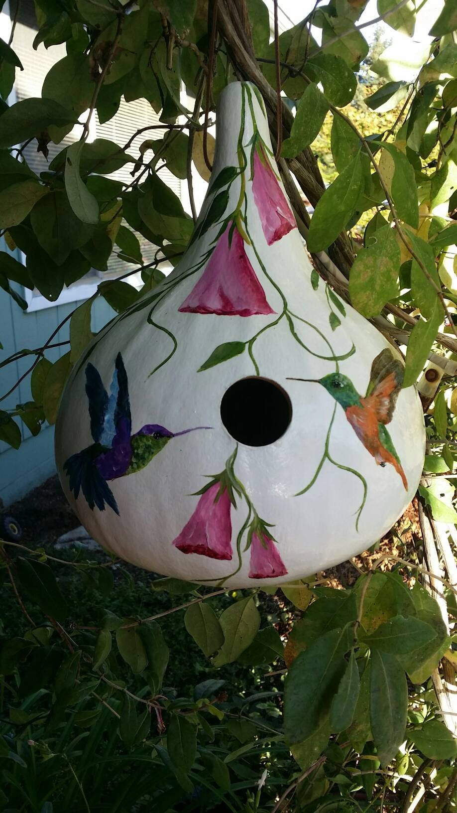 RESERVED FOR NICOLE...Gourd birdhouse with handpainted hummingbirds on
