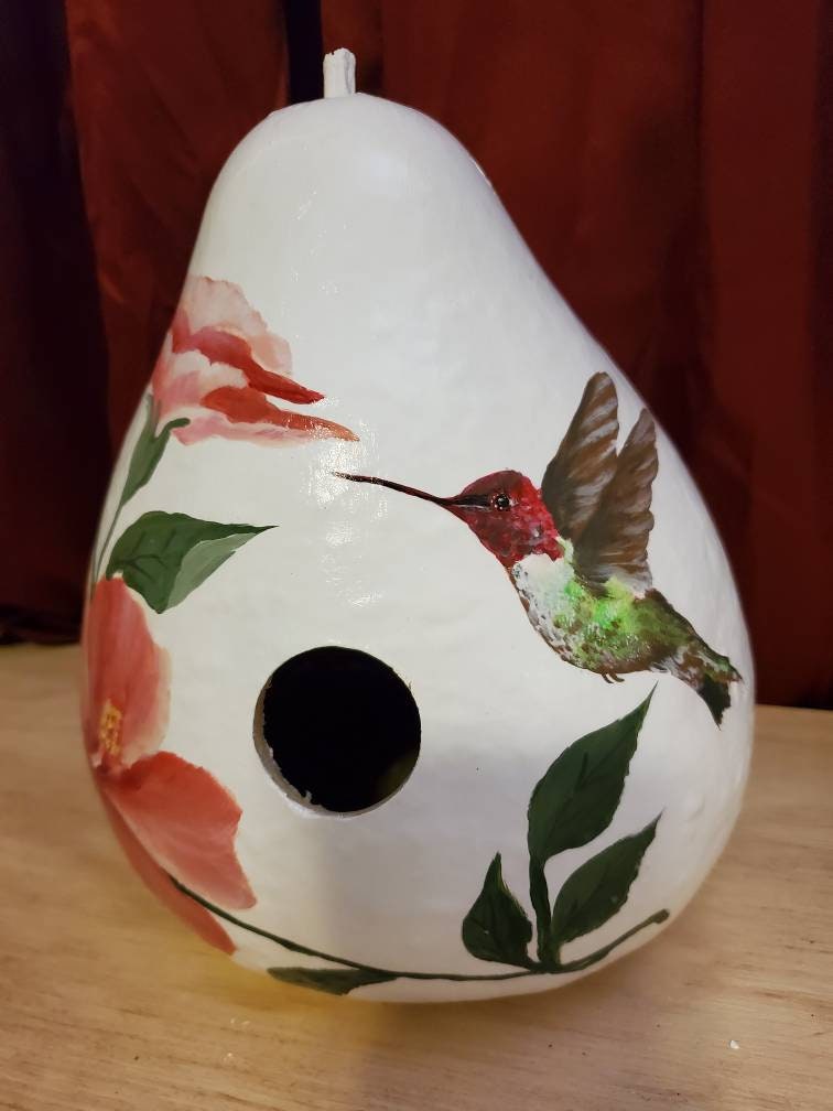 Gourd birdhouse with handpainted hummingbird amidst beautiful
